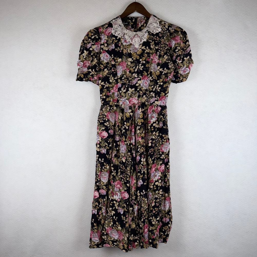 Positive Attitude Floral Lace Collar Dress Womens 7/8 Black Pink Vintage 90s